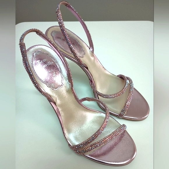 René Caovilla Metallic Strass Halter Stiletto Pink Light Rose Sandals - Picture 3 of 7